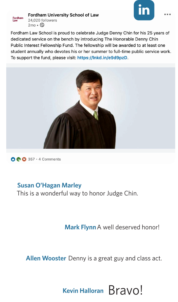 Fordham LinkedIn Post about Judge Denny Chin