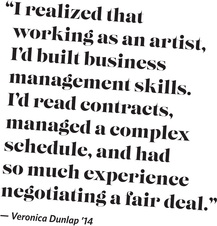 “I realized that working as an artist, I’d built business management skills. I’d read contracts, managed a complex schedule, and had so much experience negotiating a fair deal.”