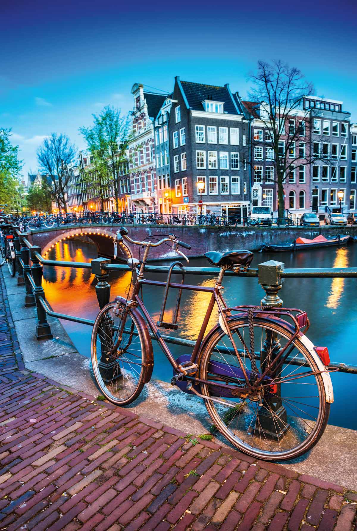 A bicycle parked in downtown Amsterdam, Netherlands