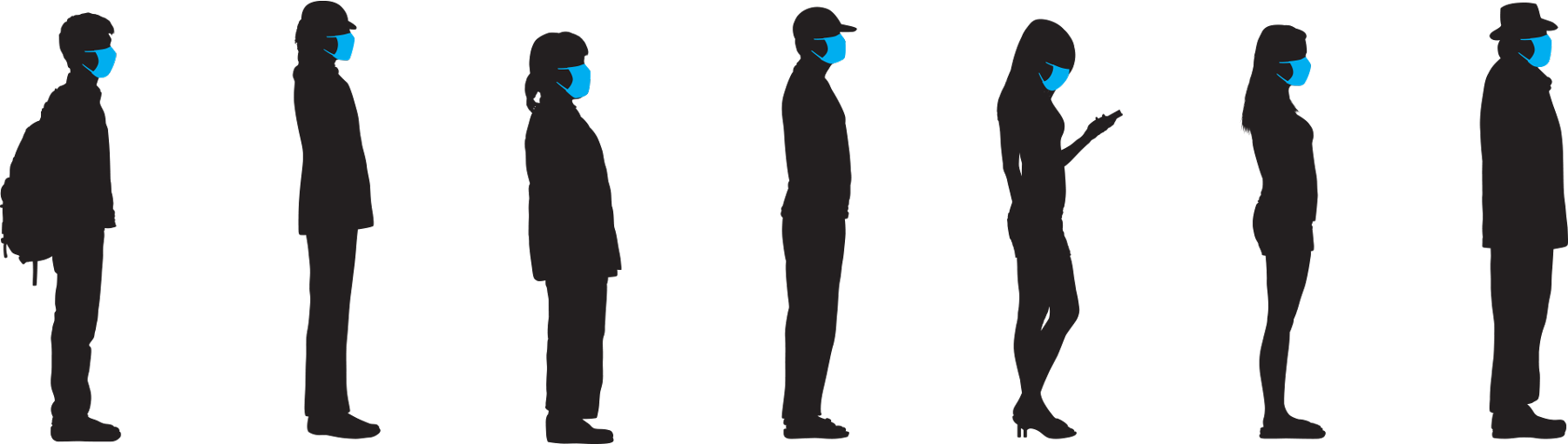 clipart people in line wearing medical masks