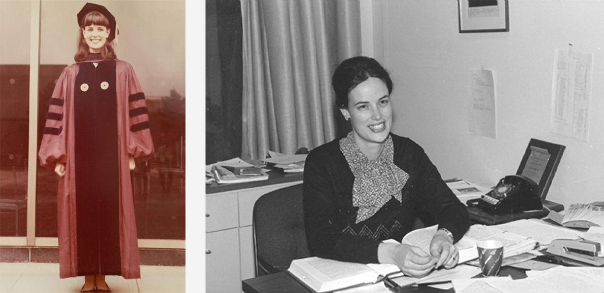 old photograph of Gail Hollister in a college cap and gown (left), and smiling seated in an office (right)