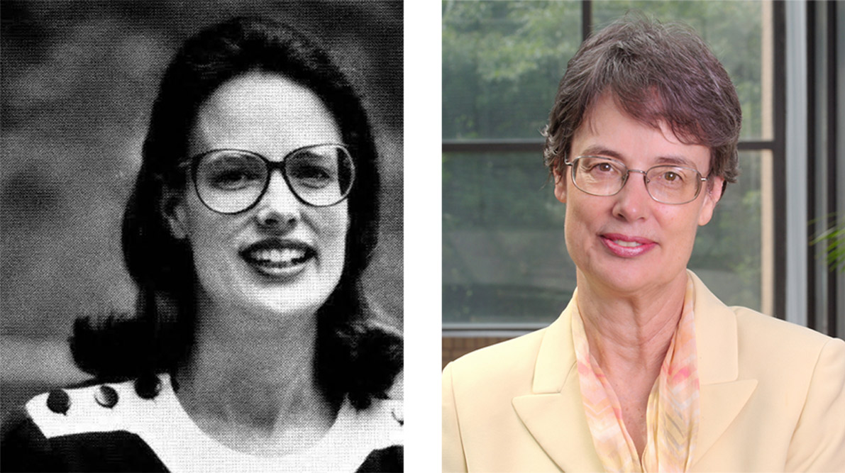 an black and white image of a younger Gail Hollister (left), and a more recent picture (right)
