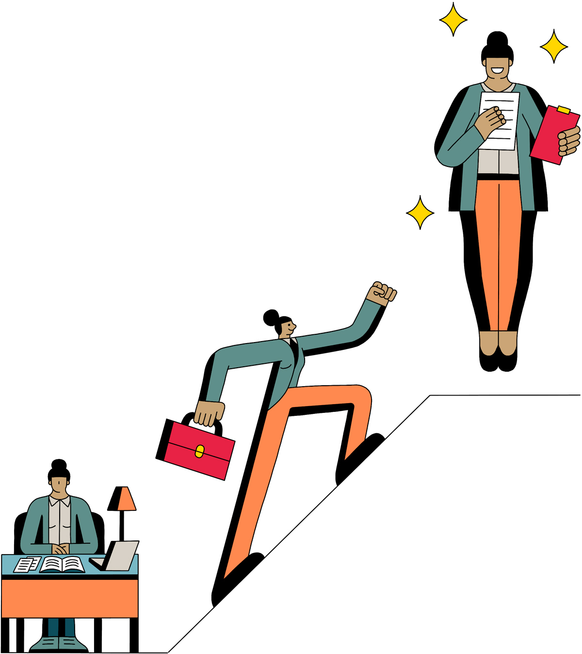 digital illustration of woman sitting at a desk and then climbing to a higher position