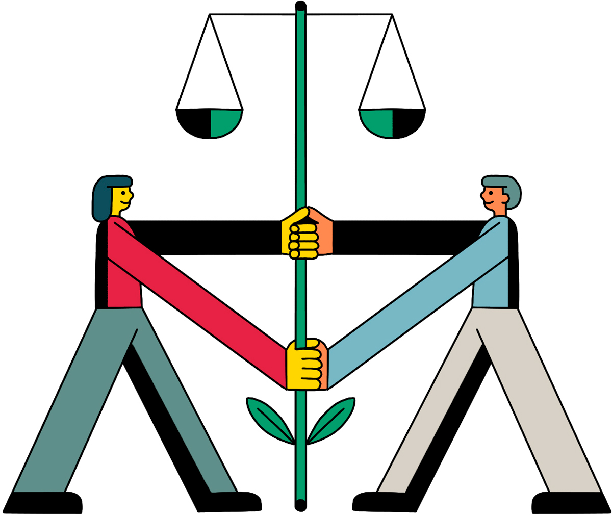 illustration of man and woman holding balancing scale