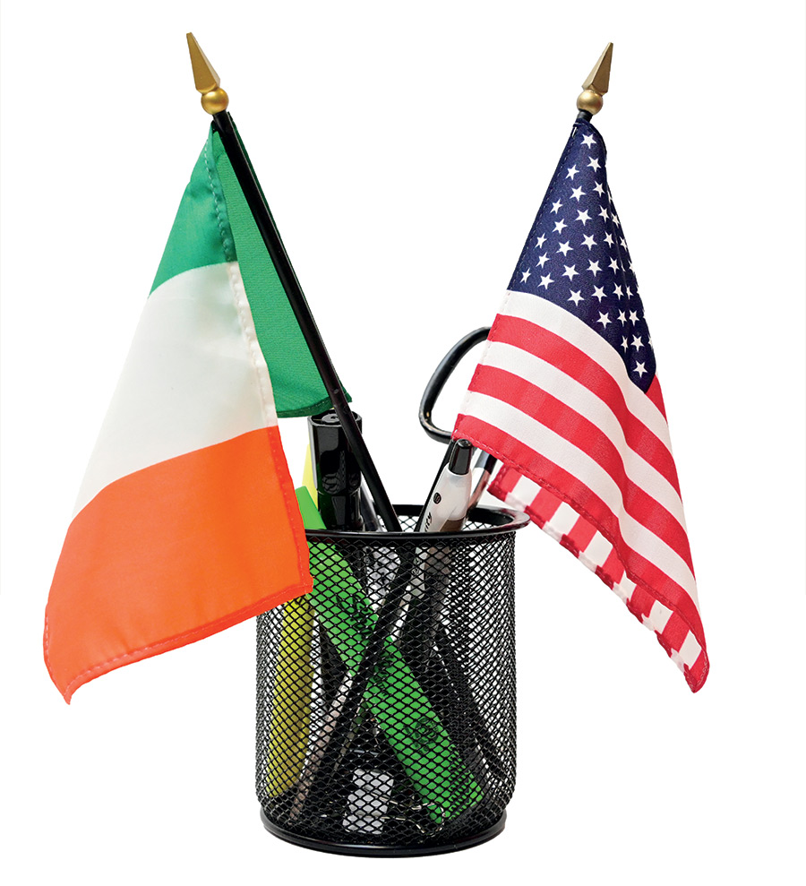 A small Irish and American flag in a pencil cup