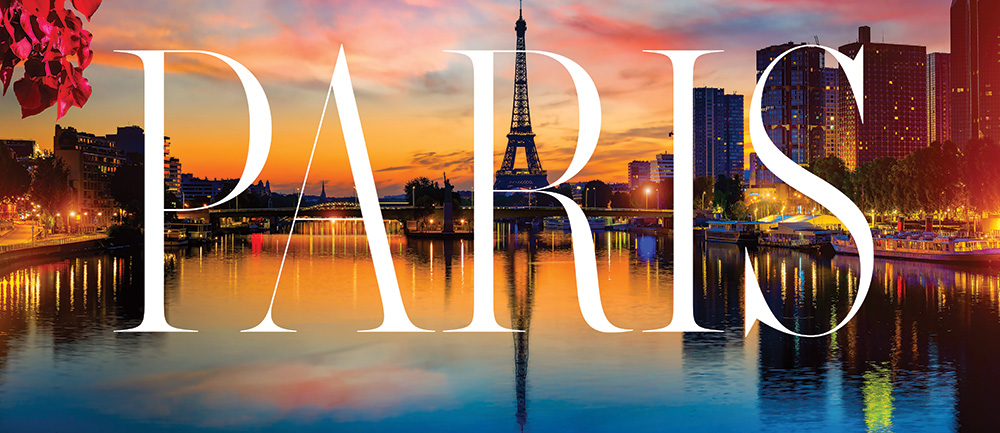 A landscape photograph of the Paris, France city skyline in the late evening/night with an enlarged uppercase digital typographic word labeled PARIS on top of the photograph