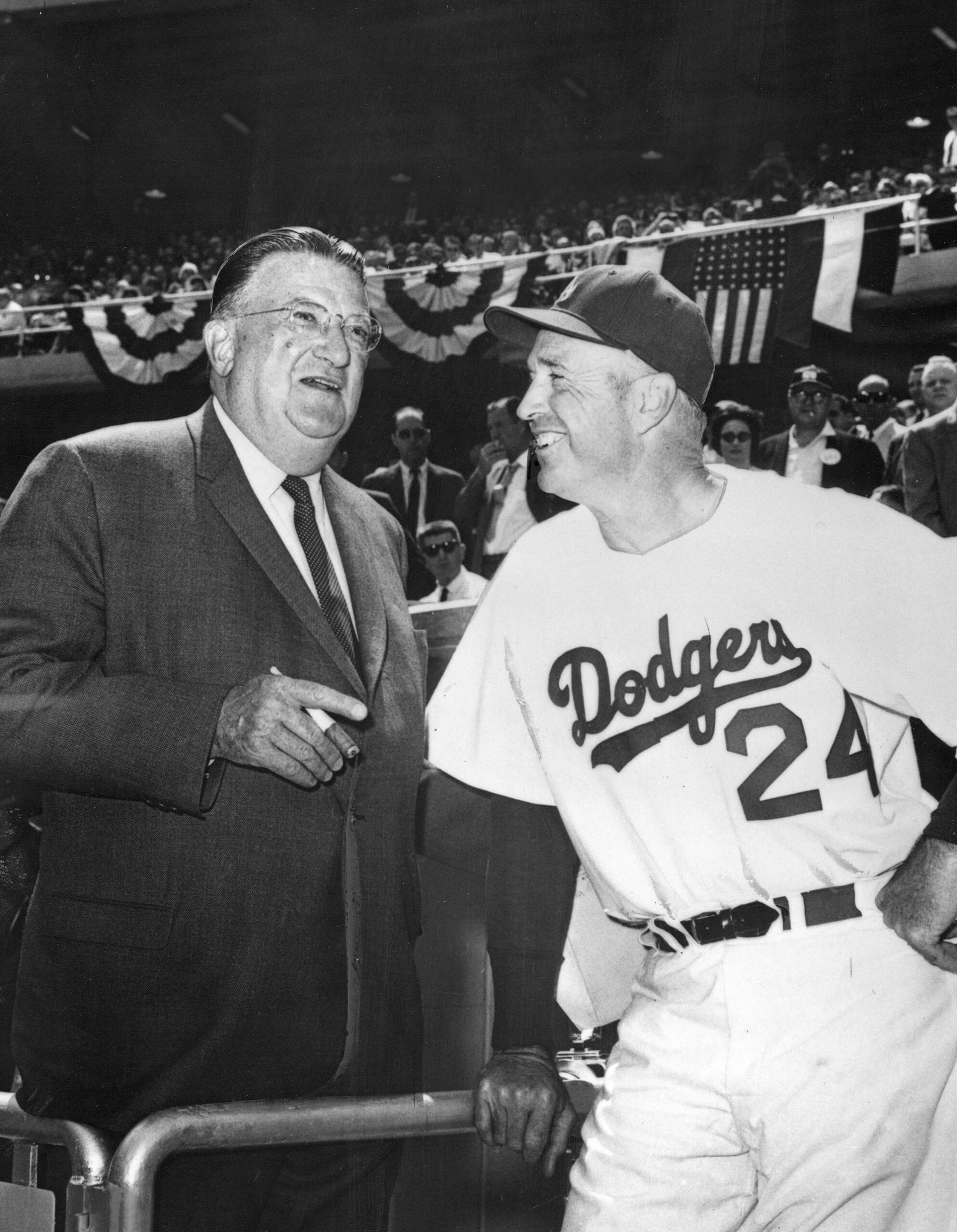 O’Malley and Brooklyn Dodgers manager Walter Alston at Ebbets Field on Opening Day in 1952