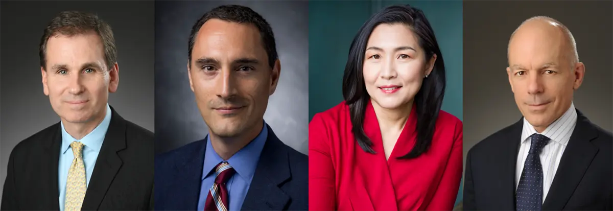 A horizontal digital collage image display of four individual headshot portraits of a diverse group of three men and one woman, all appearing to be Fordham Law School faculty professionals