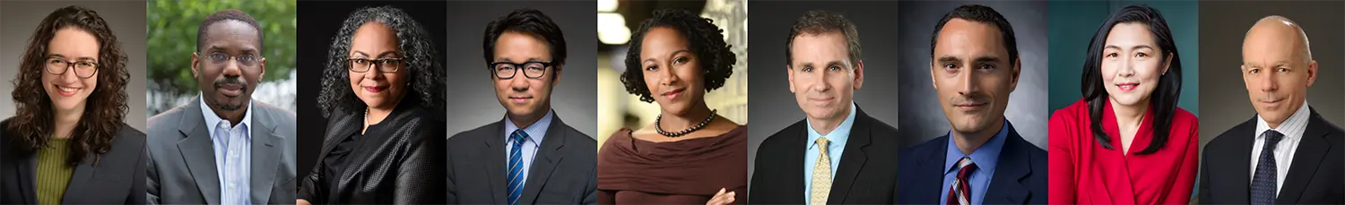 A horizontal digital collage image display of nine individual headshot portraits of a diverse group of men and women, all appearing to be Fordham Law School faculty professionals