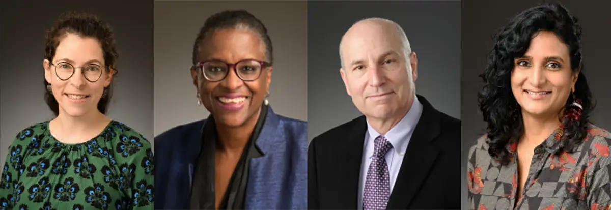 A horizontal digital collage image display of four individual headshot portraits of a diverse group of three women and one man, all appearing to be Fordham Law School faculty professionals