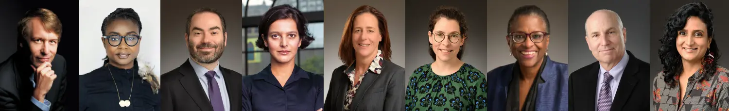 A horizontal digital collage image display of nine individual headshot portraits of a diverse group of men and women, all appearing to be Fordham Law School faculty professionals