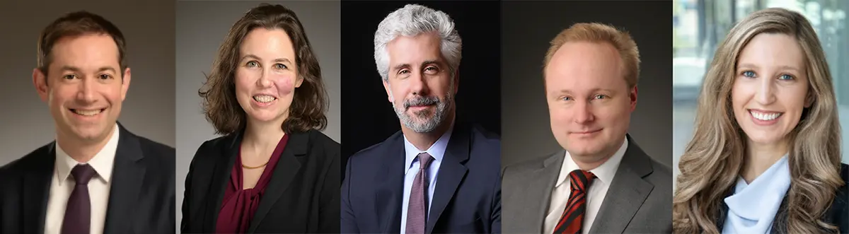 A horizontal digital collage image display of five individual headshot portraits of a diverse group of three men and two women, all appearing to be Fordham Law School faculty professionals