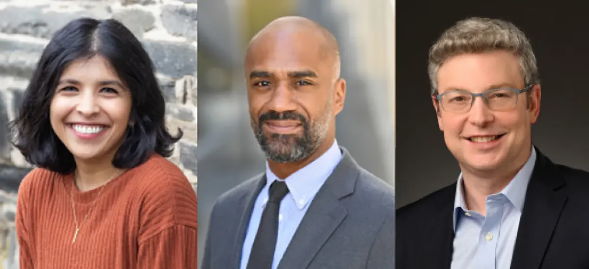A horizontal digital collage image display of three individual headshot portraits of a diverse group of two men and one woman, all appearing to be Fordham Law School faculty professionals
