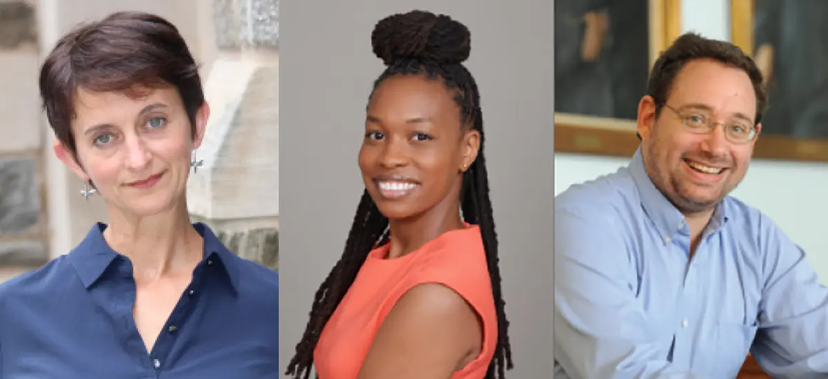 A horizontal digital collage image display of three individual headshot portraits of a diverse group of one man and two women, all appearing to be Fordham Law School faculty professionals