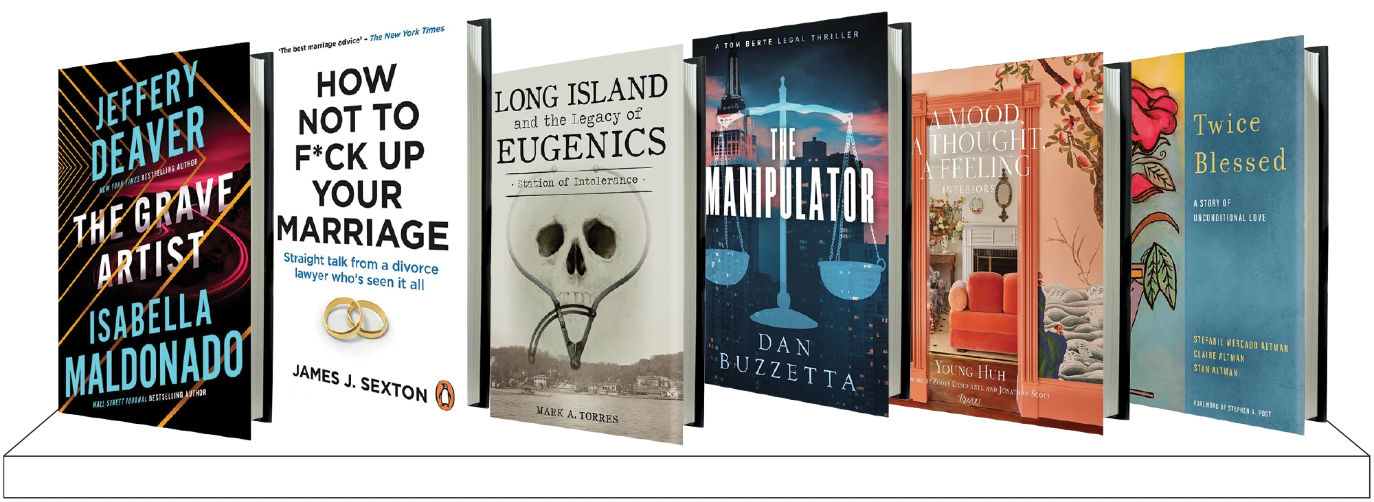 A row of six diverse book covers standing on a white shelf, featuring titles on marriage, history, thrillers, and interior design.