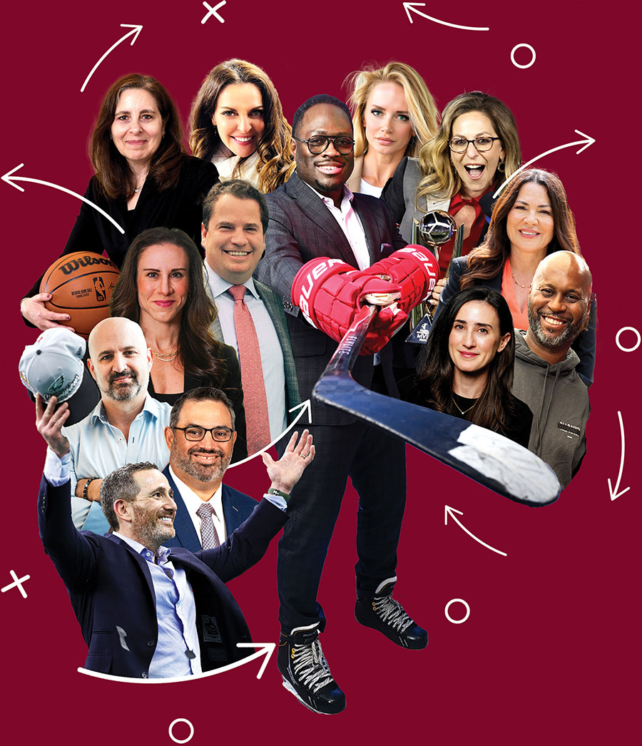 A group of diverse professionals poses against a maroon background with sports and career items.