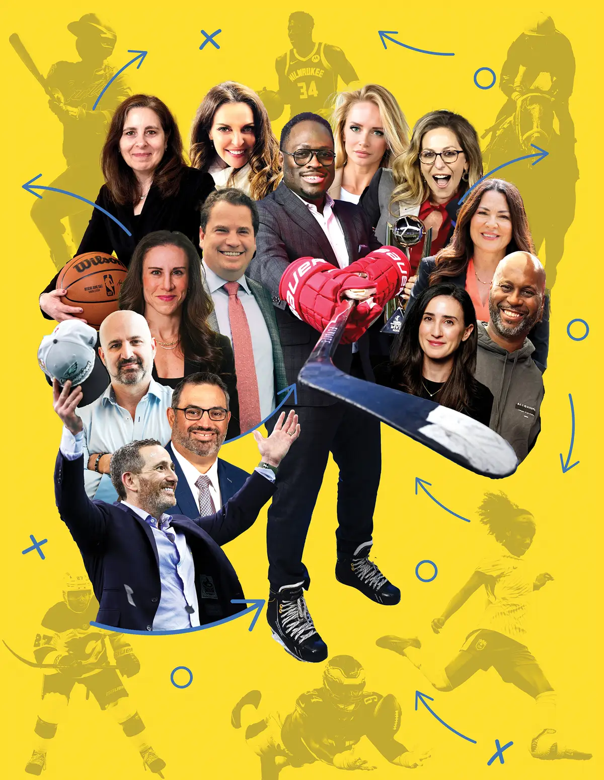 A collage of 14 people on a yellow background. The central figure wears hockey skates and gloves while holding a stick. Others hold a basketball, trophy, or cap. Blue playbook diagrams and athlete silhouettes are visible in the background.
