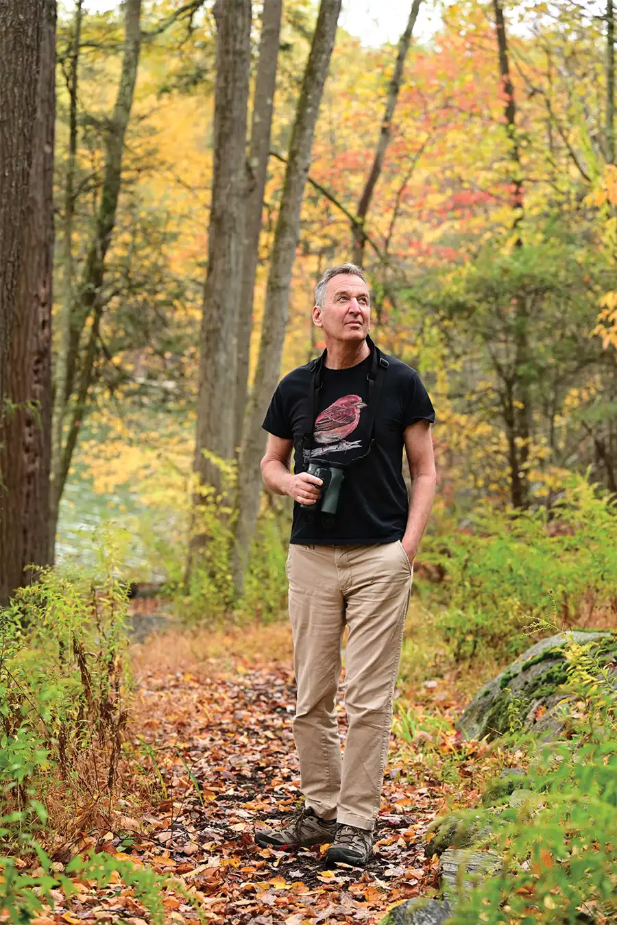 Professor Howard Erichson walks along a wooded, leaf-strewn path in autumn. He wears a black t-shirt with a bird illustration and has binoculars around his neck while looking up toward the trees.