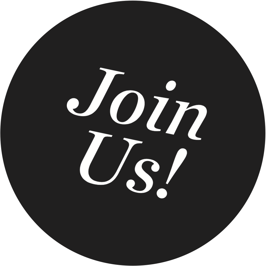 Black circle containing white digital typography words that say Join Us!