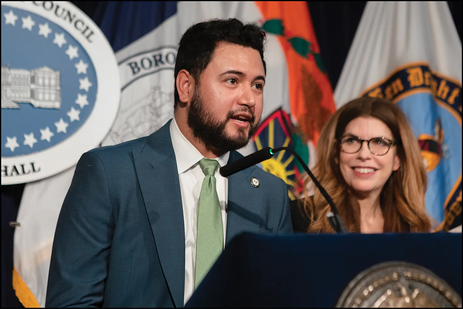 First-year law student and New York City Council Member Justin Sanchez with Speaker Julie Menin at a press conference at City Hall